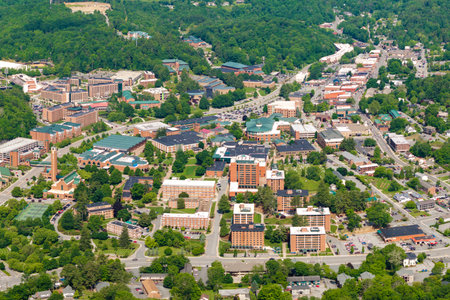 Historical American town Boone North Carolina Appalachian mountains. Old townscape architecture in Watauga County, USA. Streets and historic buildings from aboveの写真素材