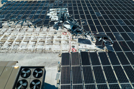 Photovoltaic solar panels destroyed by hurricane strong wind mounted on industrial building roof for producing green ecological electricity. Consequences of natural disaster in Floridaの写真素材