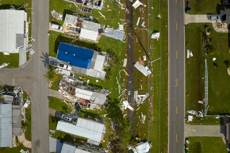 Severely damaged houses after hurricane Ian in Florida mobile home residential area. Consequences of...