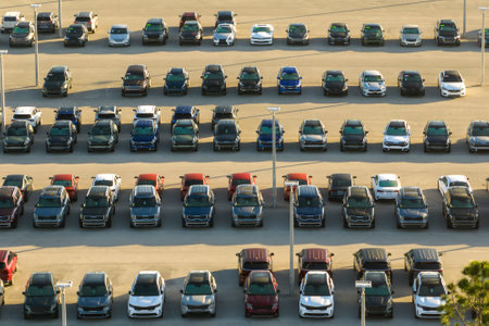 View from above of dealers outdoor parking lot with many new cars in stock for sale. Concept of...