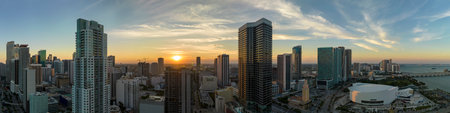 Aerial view of downtown office district of Miami Brickell in Florida, USA at sunset. High commercial and residential skyscraper buildings in modern american megapolisの写真素材