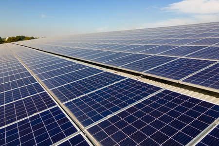 Solar rooftop on commercial structure. Photovoltaic panels for producing of clean ecological...