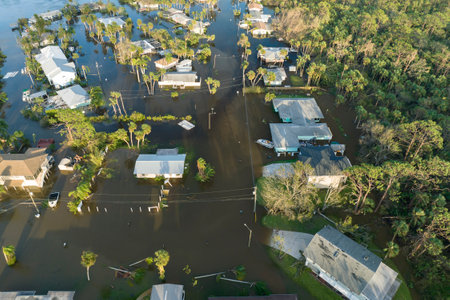 Aftermath of natural disaster. Surrounded by hurricane rainfall flood waters homes in Florida residential areaの写真素材