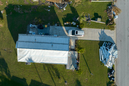 Destroyed by hurricane Ian suburban houses in Florida mobile home residential area. Consequences of...