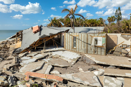 Ruined buildings in need of demolition or repair. Storm surge water and wind damaged houses roof and collapsed walls after hurricane in Floridaの写真素材