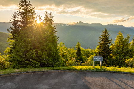 Scenic drive road trip on Blue Ridge Parkway in North Carolina Appalachian mountains. Mt Mitchell overlook observation pointの写真素材