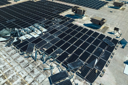 Aerial view of damaged by hurricane wind photovoltaic solar panels mounted on industrial building...