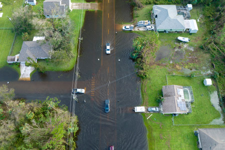 Hurricahe fainfall flooded Florida road with evacuating cars and surrounded with water houses in...