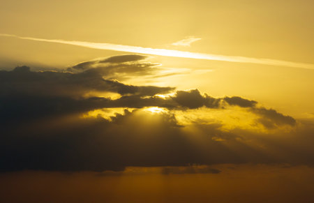 Evening sunset sky with colorful clouds. Panoramic skyscapeの写真素材