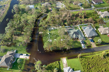 Heavy flood with high water surrounding residential houses after hurricane rainfall in Florida residential area. Consequences of natural disasterの写真素材