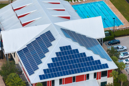 Solar rooftop on commercial center in Florida. Photovoltaic panels for producing of clean ecological...