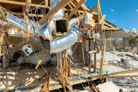 Storm surge caused by hurricane wind severe damaged residential houses on ocean shore. Natural disaster consequences in Floridaの写真素材