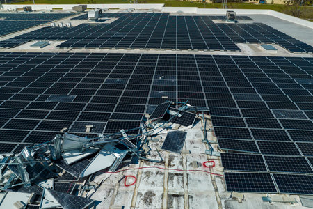 Photovoltaic solar panels destroyed by hurricane strong wind mounted on industrial building roof for producing green ecological electricity. Consequences of natural disaster in Floridaの写真素材