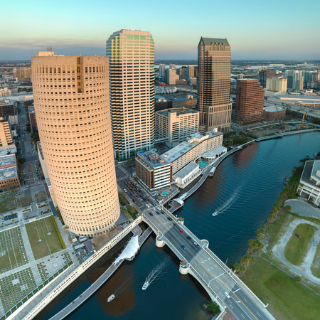 Tampa, Florida. High skyscraper buildings in downtown district. American city with business financial district at nightfall.の写真素材