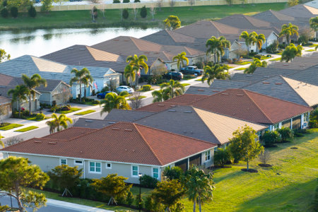 Aerial view of expensive residential houses in small town in southwest Florida. American dream homes as example of real estate development in US suburbsの写真素材
