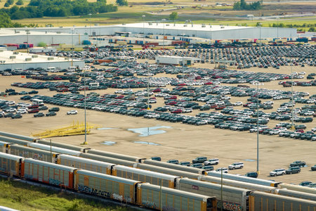 Cargo train transporting cars. Factory parking lot with many brand new cars for sale. Development of American automotive industry conceptの写真素材
