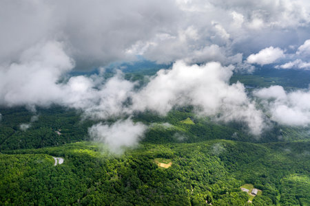 Great Smoky Mountains in summer rainy season. Mountain wooded hills in North Carolina Appalachians, USAの写真素材