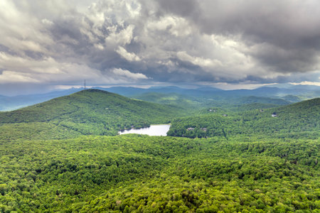 Beautiful nature of Grandfather Lake in North Carolina Appalachian mountains, USA. Great Smokey Mountains in summer seasonの写真素材