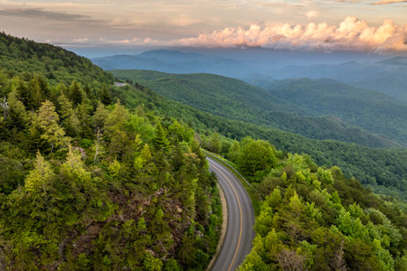 Winding parkway road in mountain forest with green canopies in summertime evening. Driving in North Carolina wild woods nature in summerの写真素材