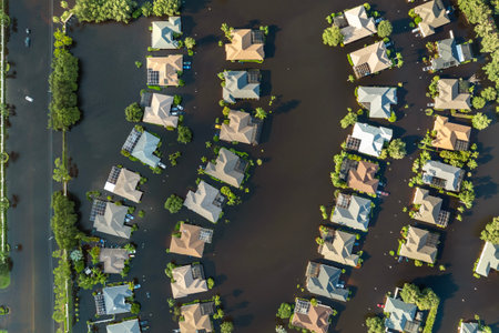 Hurricane Debby tropical rainstorm flooded residential homes in suburban community in Sarasota, Florida. Aftermath of natural disasterの写真素材