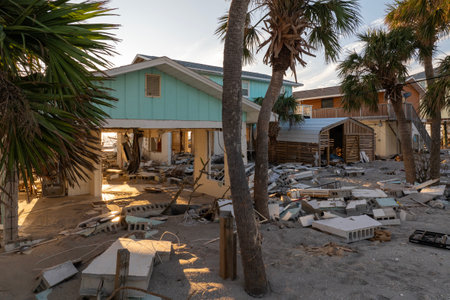 Hurricane Milton consequences on Manasota Key, Florida. Destroyed houses on sea coast. Storm surge severe damageの写真素材
