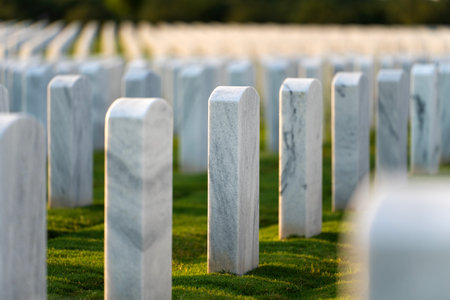 Sarasota National Cemetery with many white headstones on green grass lawn. Memorial Day conceptの写真素材