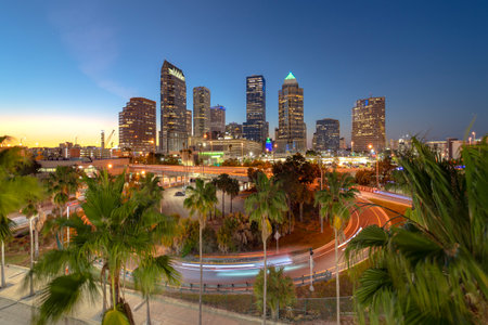 Urban highway road traffic in Tampa, Florida. American travel destination.の写真素材