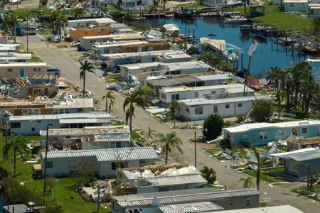 Aerial view of badly damaged mobile homes after hurricane Ian swept through residential area in Florida. Aftermath of natural disasterの写真素材