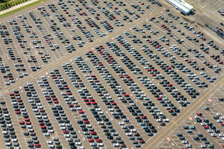 Car factory parking lot with new cars ready for export sale. Development of automotive industry in USA conceptの写真素材