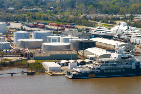 Commercial shipyard dock for luxury sea yachts manufacturing. Construction and assembling of deep water shipsの写真素材
