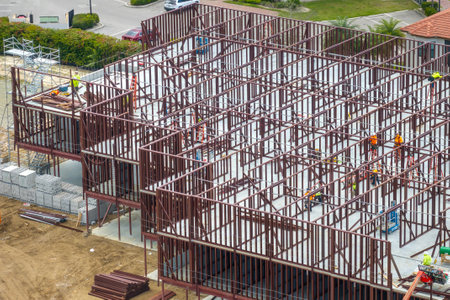 Construction site with hardhat workers assembling metal frame walls. Aerial view of large development area of commercial structure. Real estate market in the USAの写真素材