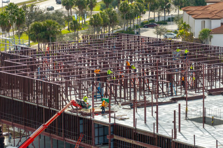 Development of real estate market in the USA. Large construction site with workers and building equipment in Fort Myers, Floridaの写真素材