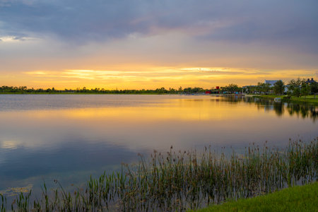 Evening landscape over lake water in southern tropical wetlands. Amazing Florida nature at sunsetの写真素材