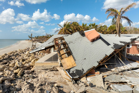 Hurricane Milton consequences on Manasota Key, Florida. Destroyed houses on sea coast. Storm surge...