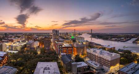 Old historical city Savannah in Georgia. Southern USA cityscape at sunsetの写真素材