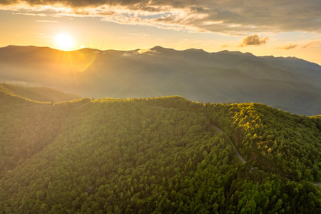 Road trip driving in Appalachian mountains at sunset. Winding parkway near Mount Mitchell in mountain forest with green canopies in summer seasonの写真素材