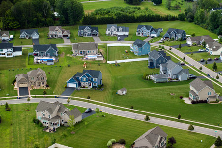 Top view of expensive two story private houses in Rochester NY suburbia. New family homes in upscale community. Real estate development in american suburbsの写真素材