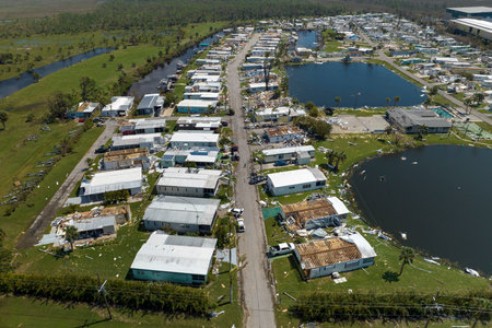 Wind damage of private houses after hurricane swept through Florida mobile home residential area. Consequences of natural disasterの写真素材