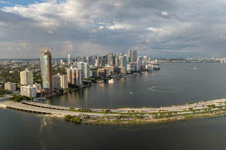 Aerial view of downtown office district of Miami Brickell in Florida, USA. High commercial and residential skyscraper buildings in modern American megapolisの写真素材
