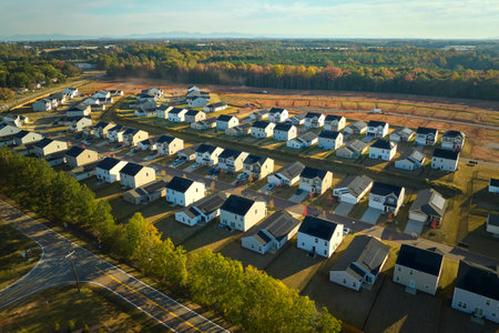 Aerial view of tightly located new family houses in South Carolina suburban area. Real estate development in american suburbsの写真素材