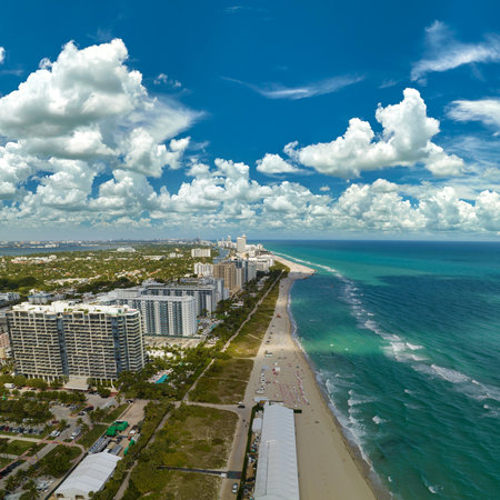 American southern seashore of Miami Beach city. Tourist infrastructure in Florida, USA. South Beach high luxurious hotels and apartment buildingsの写真素材