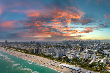 American southern seashore of Miami Beach city. Tourist infrastructure in Florida, USA. South Beach high luxurious hotels and apartment buildingsの写真素材