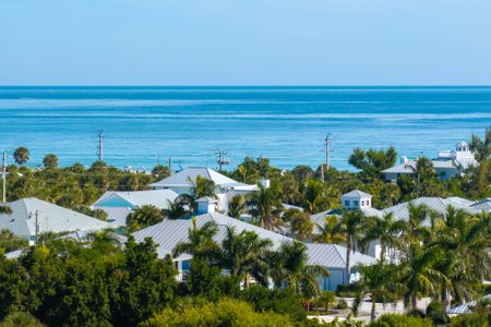 American waterfront houses in rural US suburbs. View from above of large residential homes in island small town Boca Grande on Gasparilla Island in southwest Floridaの写真素材