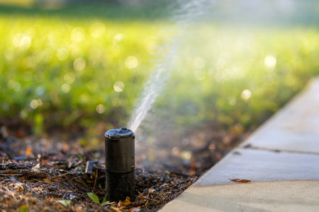 Automatic irrigation system with water sprinkler for maintaining grass lawnの写真素材