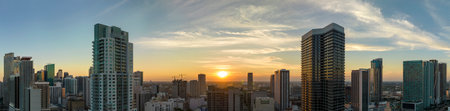 Evening urban landscape of downtown district of Miami Brickell in Florida, USA. Skyline with high skyscraper buildings in modern american megapolisの写真素材