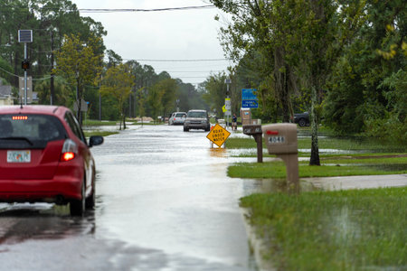 Flooded Florida road in suburban residential area. Driving hazard. Aftermath of hurricane natural disasterの写真素材