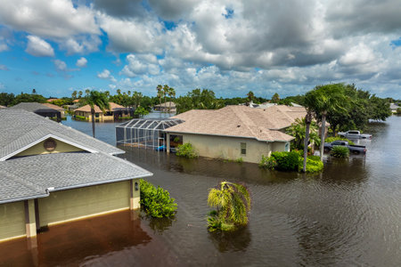 Hurricane Debby tropical rainstorm flooded residential homes in suburban community in Sarasota, Florida. Aftermath of natural disasterの写真素材