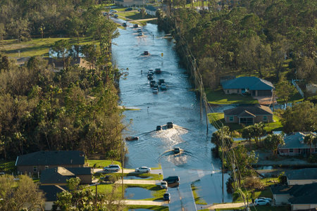Hurricane flooded street with moving cars and surrounded with water houses in Florida residential area. Consequences of natural disasterの写真素材