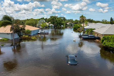 Hurricane rainfall flooded road. Drowned car on city street in Florida residential area. Consequences of hurricane natural disasterの写真素材