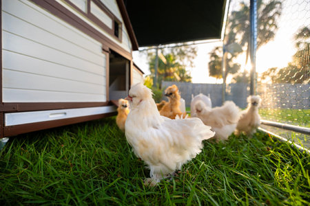 Keeping domestic chicken in free range chicken coop on home backyard. Poultry hen house with green grass in suburban gardenの写真素材